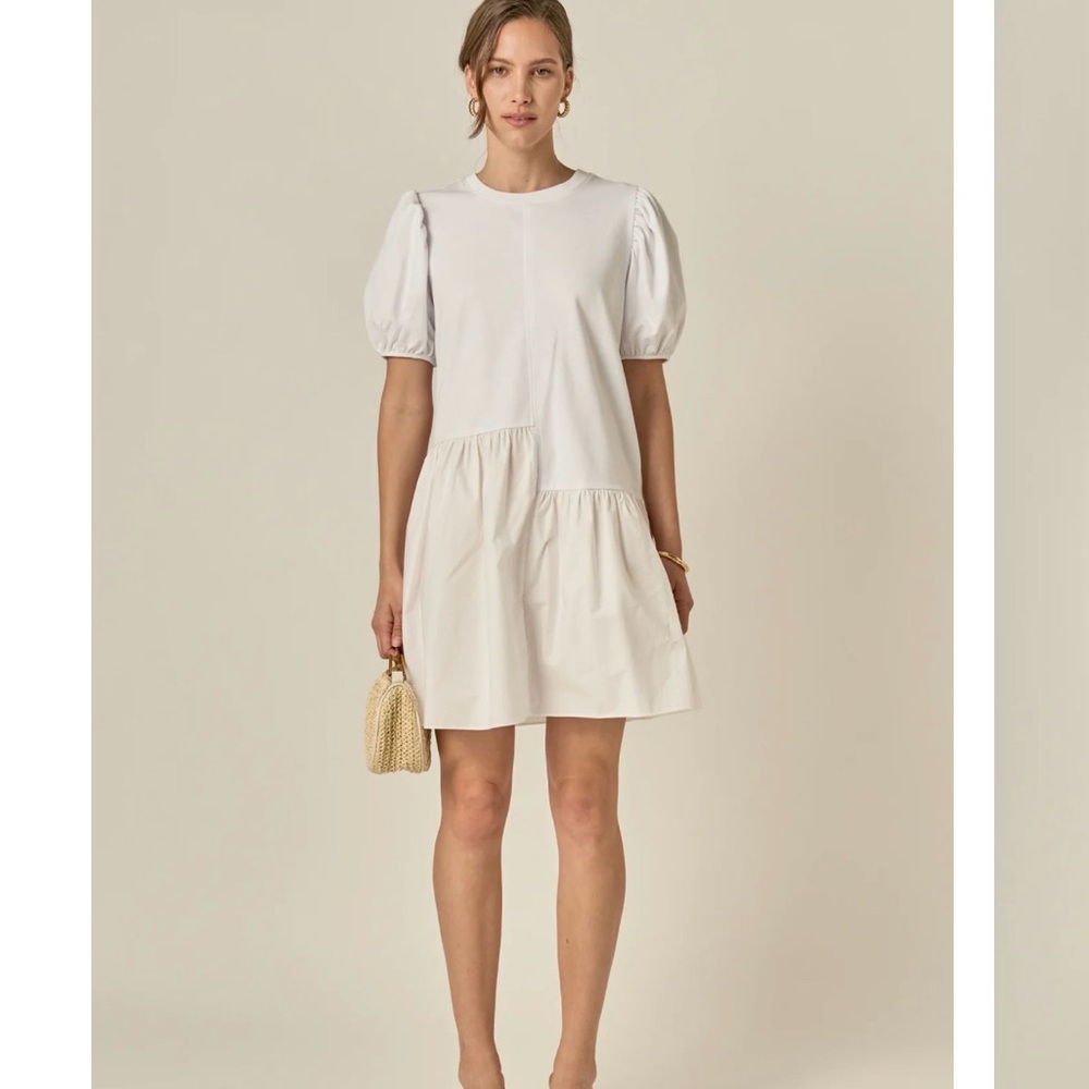 English Factory White Puff-Sleeve Tiered Mini Dress